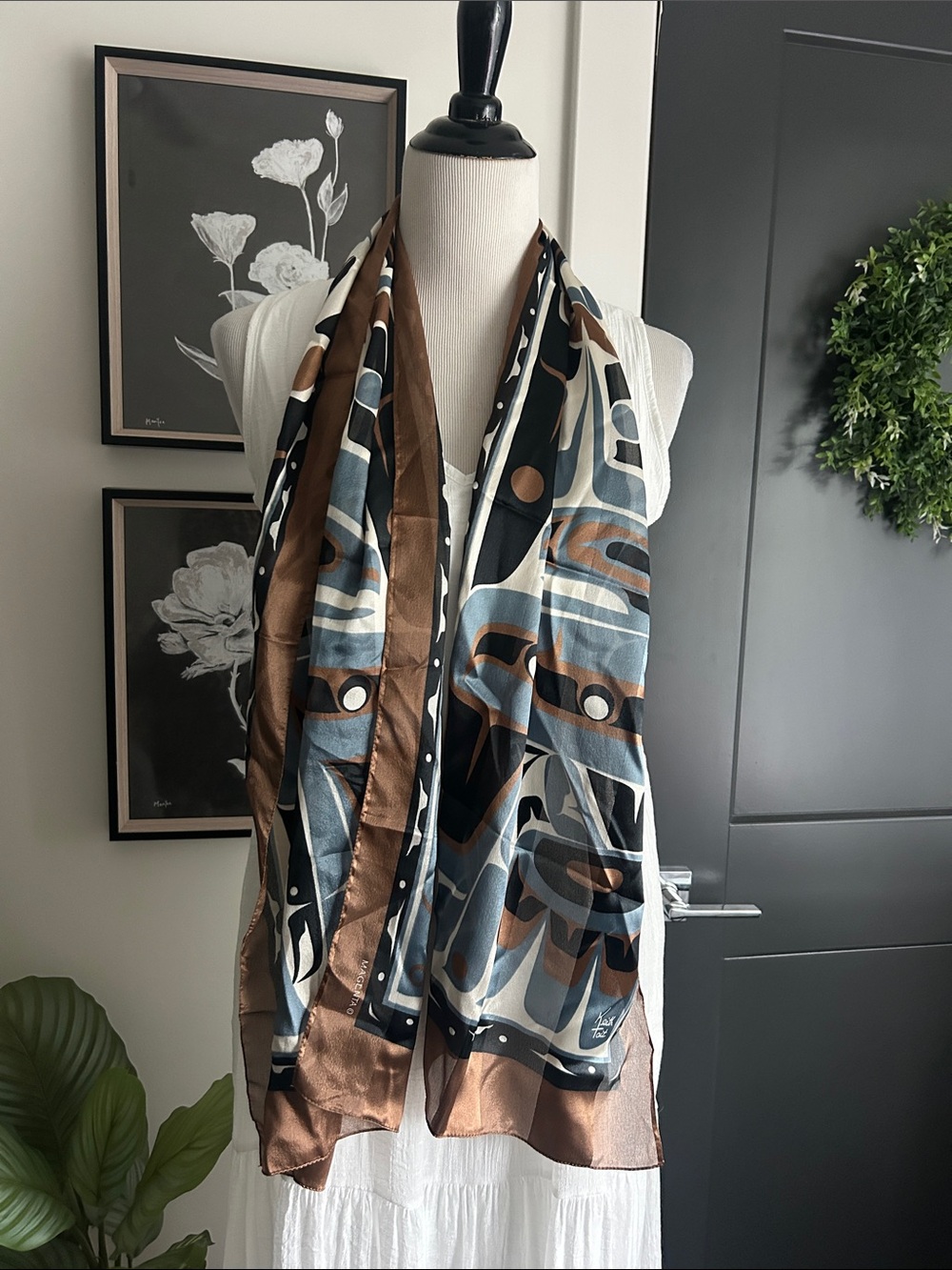 Keith Tate 13" x 60" skinny Silk-Feel Geometric Print Scarf in Brown & Blue